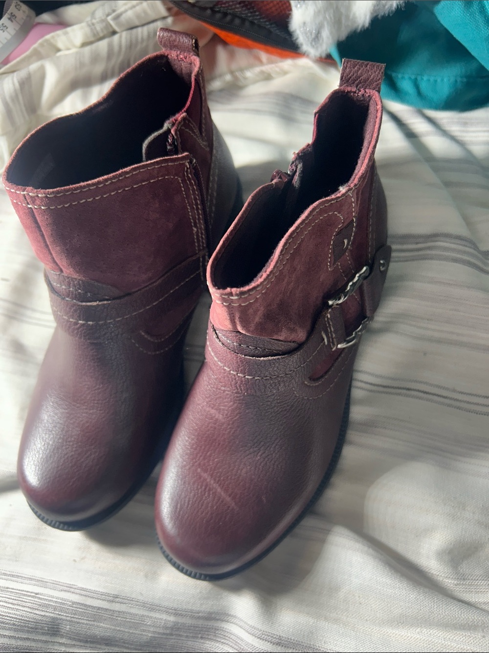 Earth Origins Burgundy Leather & Suede Ankle Boots with Buckle